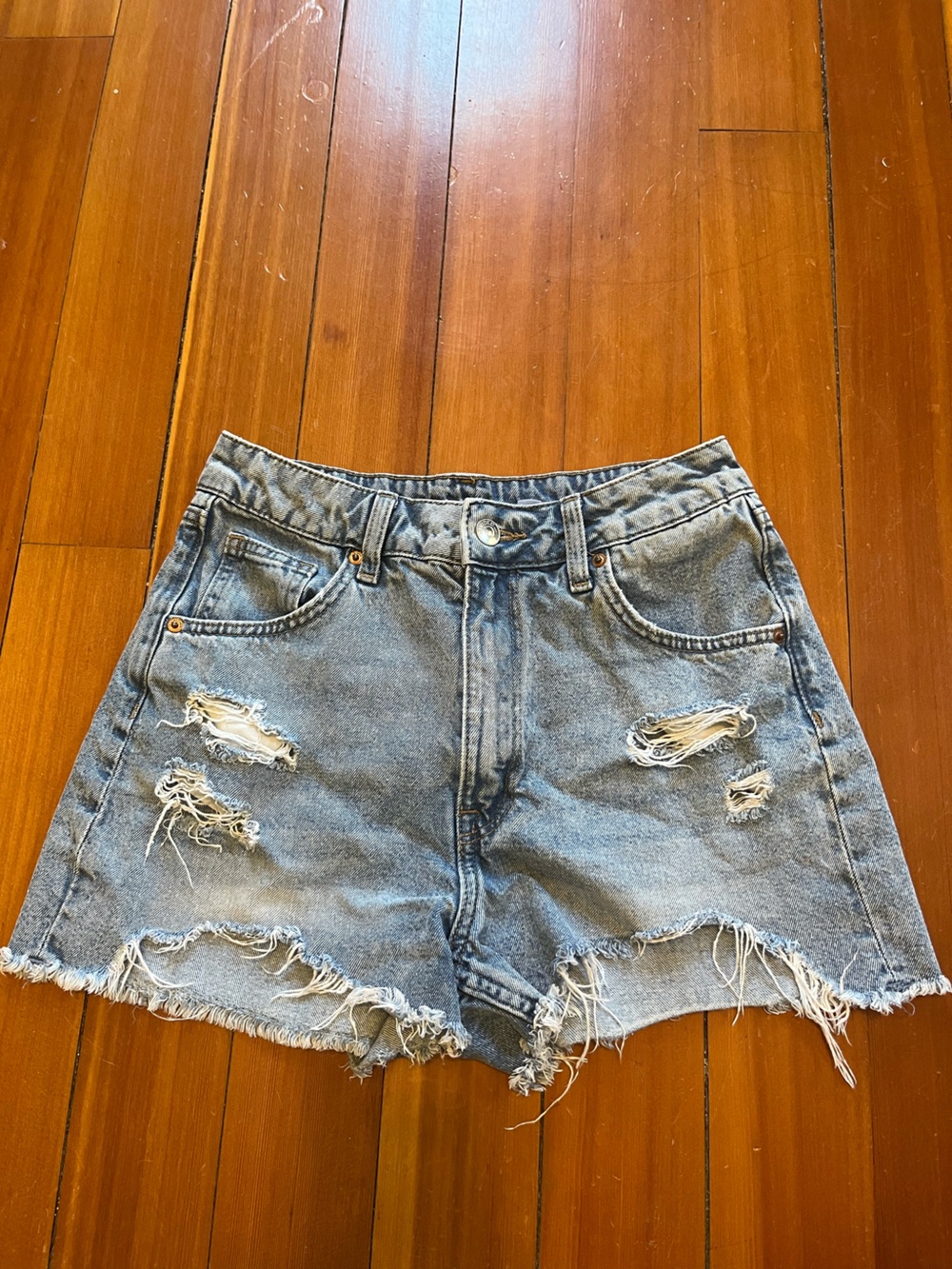 H&M Distressed High-Rise Denim Shorts - Light Blue
